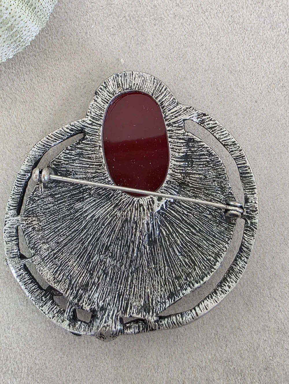 Gunmetal Silver Modern Brooch Pin With  Burgundy faux Stone And Pearl Accent